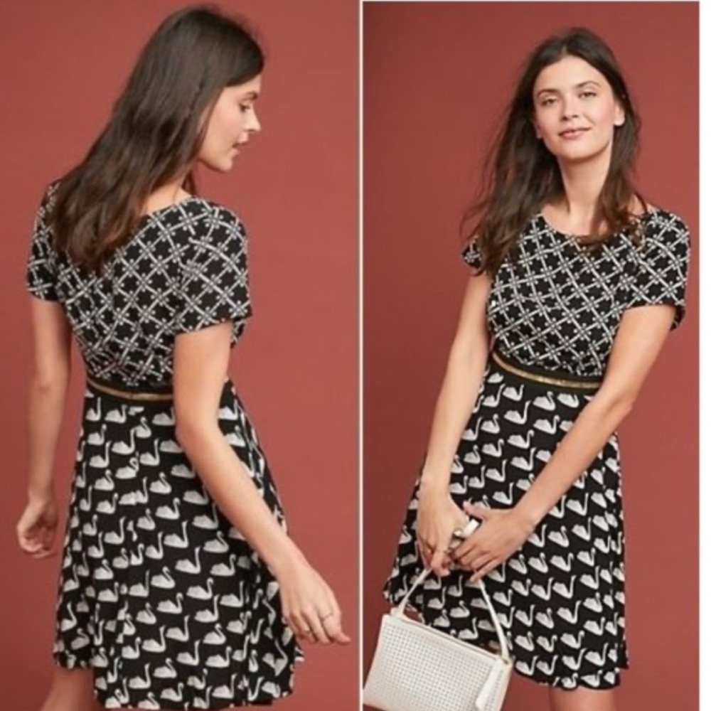Maeve Anthropologie black white patterned mini dress gold stripe size 14